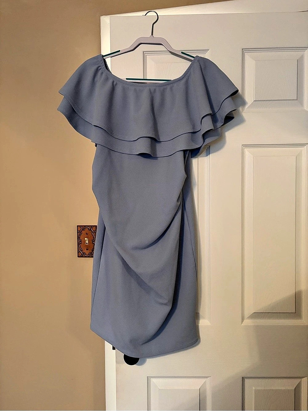 PinkBlush Light Blue Ruffle Off Shoulder Ruched Maternity Dress